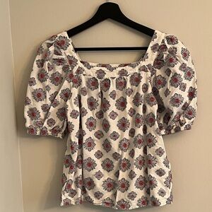 Ann Taylor Factory White Floral Puff Sleeve Top